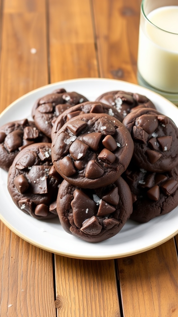 A plate of dark chocolate sea salt cookies with visible chocolate chunks and sea salt on a rustic wooden table beside a glass of milk.